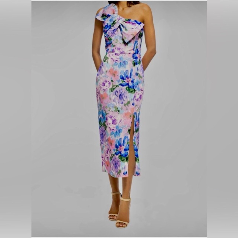 Shoshanna Midnight Arielle Lavender Floral Midi One Shoulder Dress 4